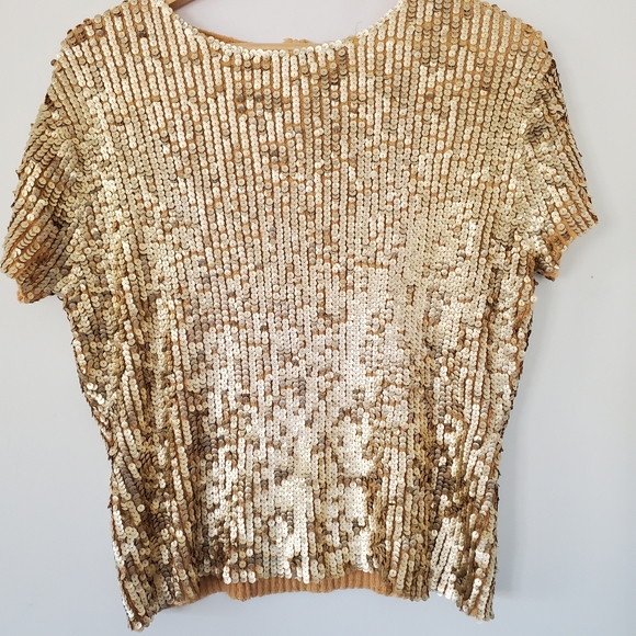 VINTAGE OSCAR DE LA RENTA Sz L Gold Sequin Short Sleeve Sweater Top Zip GLITZY - Picture 16 of 16